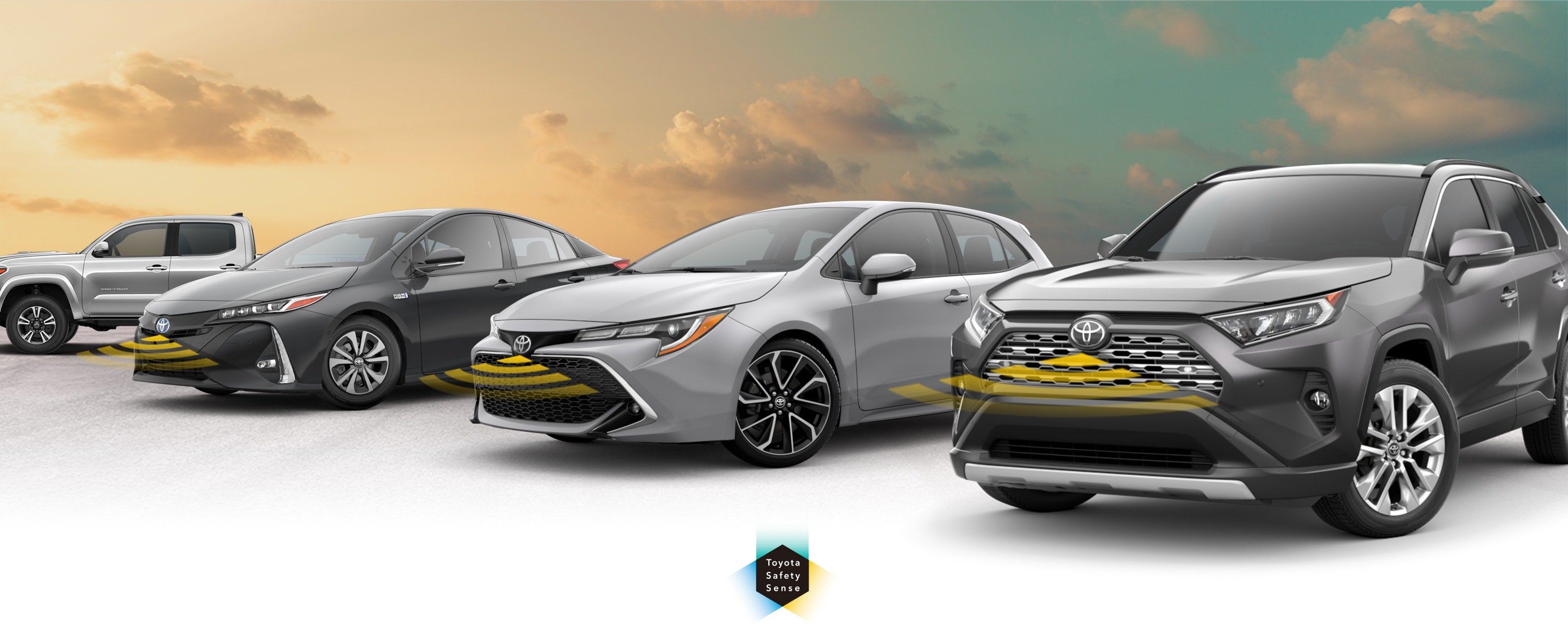 Toyota Safety Sense: Designed for Safety. Options shown on Toyota models including RAV4, Tacoma, and Camry, available now at Lake Toyota in Devils Lake ND.